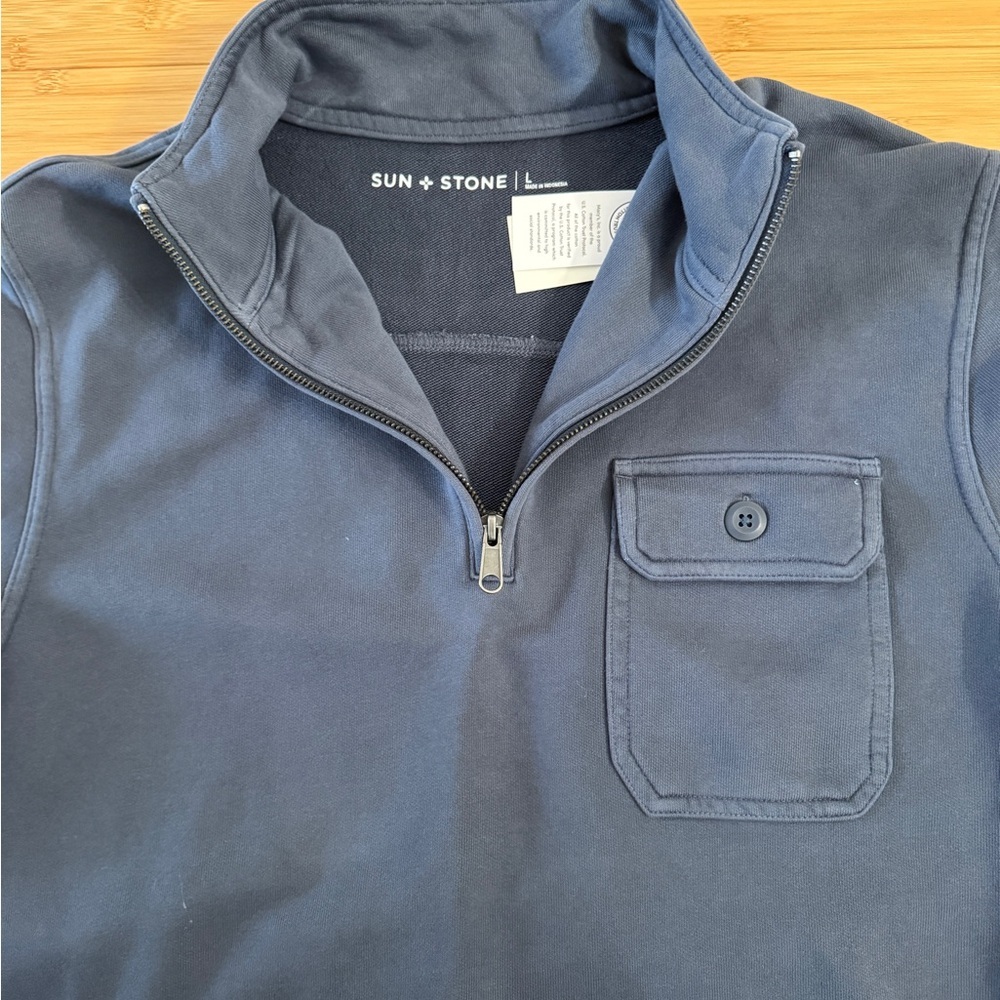 Sun and stone mens blue quarter zip Pullover with Pockets large - Picture 3 of 5